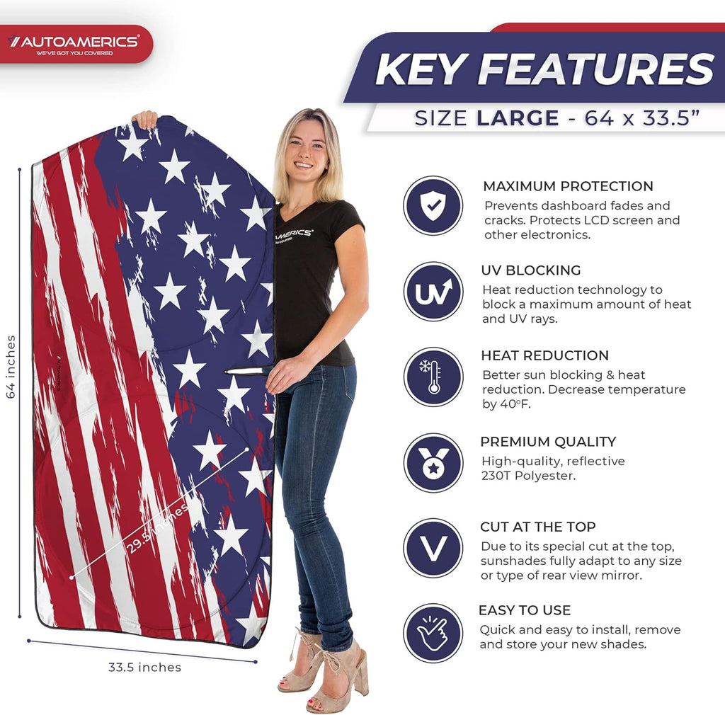 Autoamerics 1-Piece Windshield Sun Shade USA Art Flag - 2 American  - Foldable Car Front Window Sunshade for Most Sedans SUV Truck - Blocks Max UV Rays and Keeps Your Vehicle Cool - Large