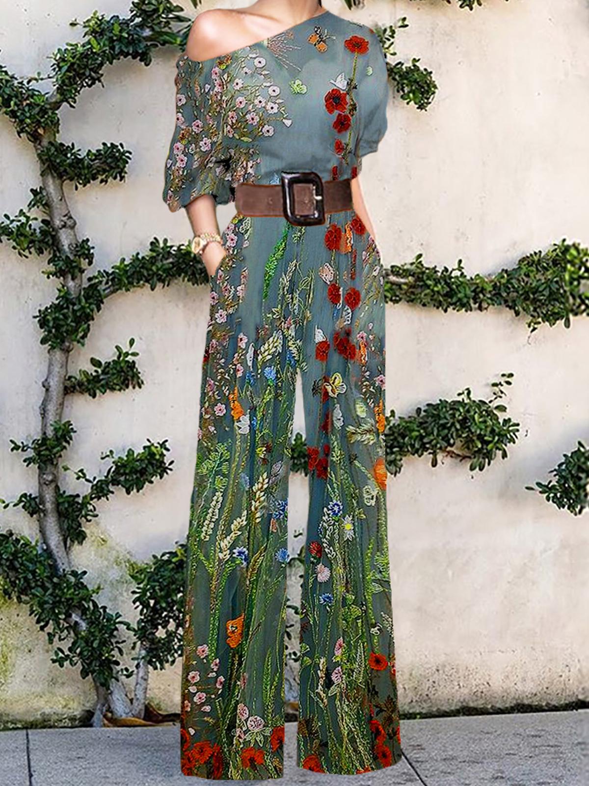 Floral Print One Shoulder Jumpsuit Women