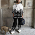 Women's Fashion Black And White Printed Shoulder Buckle Design Set