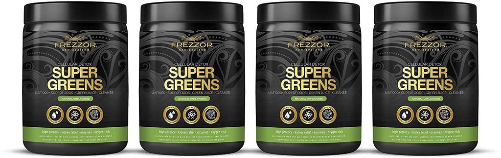 FREZZOR Super Greens Powder with UAF1000+, All-Natural New Zealand Green Fruit & Veggie Supplement, Energy, Vital Raw Veggies, ORAC Antioxidants, Enzymes, Detox & Cleanse, 1.2kg, 120 Serves, 4 Jars