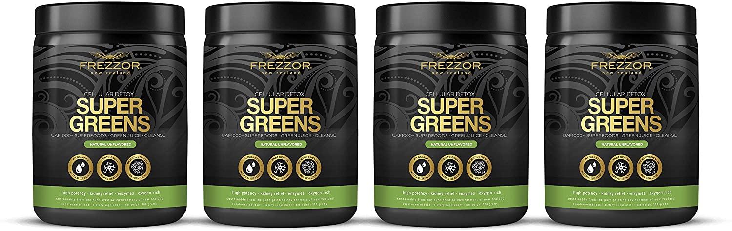 FREZZOR Super Greens Powder with UAF1000+, All-Natural New Zealand Green Fruit & Veggie Supplement, Energy, Vital Raw Veggies, ORAC Antioxidants, Enzymes, Detox & Cleanse, 1.2kg, 120 Serves, 4 Jars