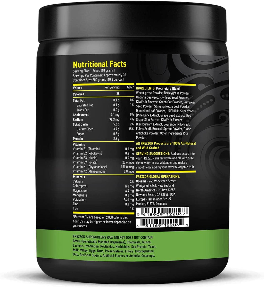 FREZZOR Super Greens Powder with UAF1000+, All-Natural New Zealand Green Fruit & Veggie Supplement, Energy, Vital Raw Veggies, ORAC Antioxidants, Enzymes, Detox & Cleanse, 1.8kg, 180 Serves, 6 Jars