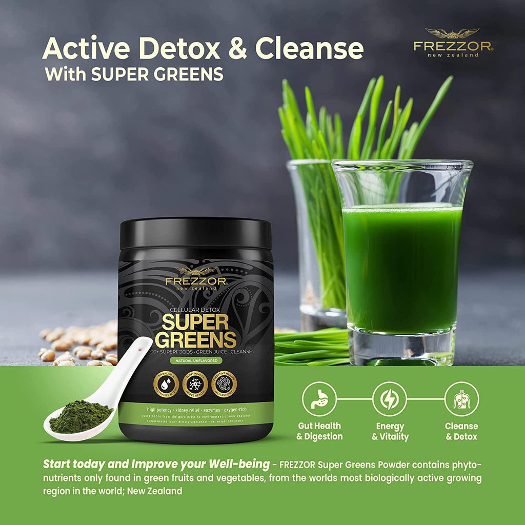 FREZZOR Super Greens Powder with UAF1000+, All-Natural New Zealand Green Fruit & Veggie Supplement, Energy, Vital Raw Veggies, ORAC Antioxidants, Enzymes, Detox & Cleanse, 1.8kg, 180 Serves, 6 Jars