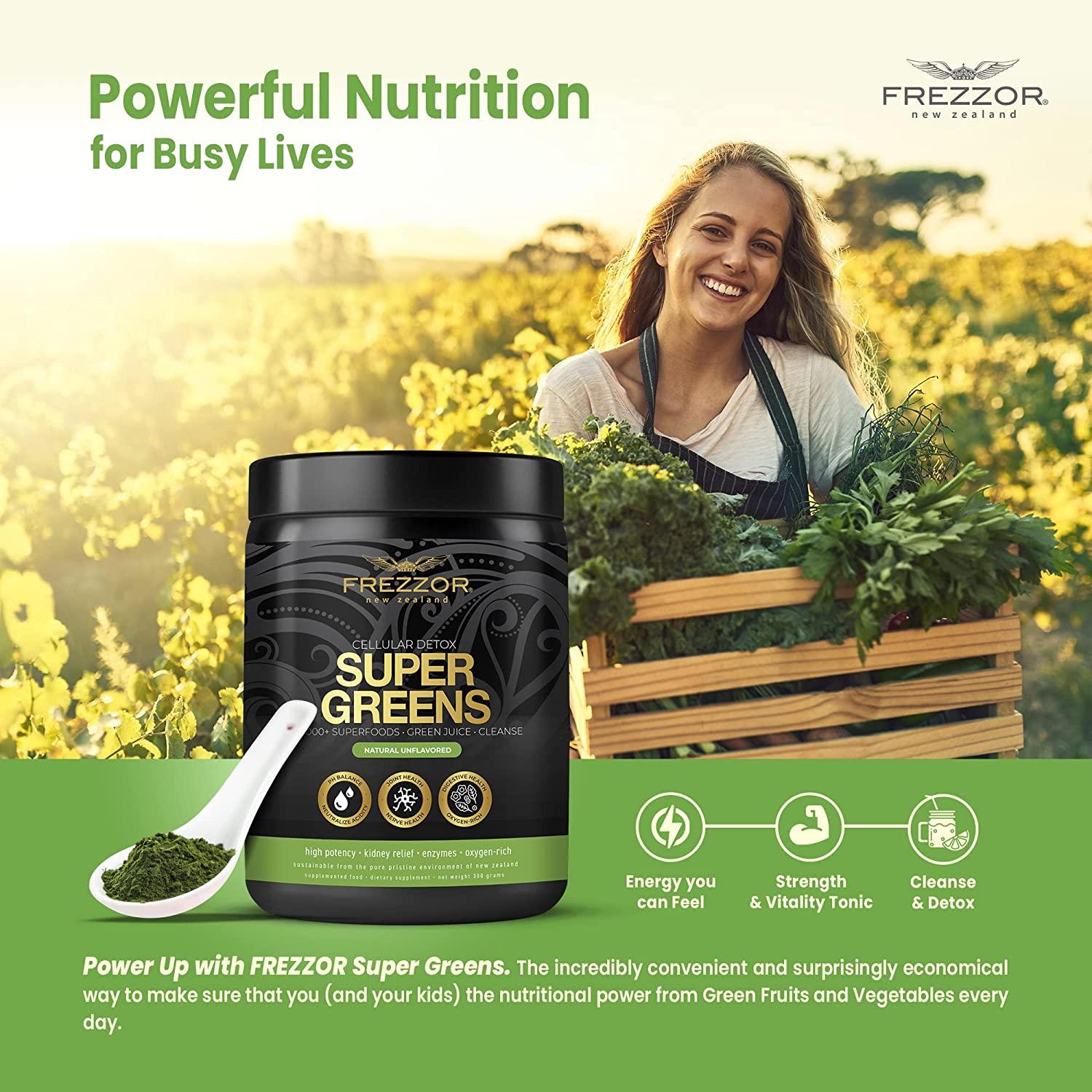FREZZOR Super Greens Powder with UAF1000+, All-Natural New Zealand Green Fruit & Veggie Supplement, Energy, Vital Raw Veggies, ORAC Antioxidants, Enzymes, Detox & Cleanse, 1.5kg, 150 Serves, 5 Jars