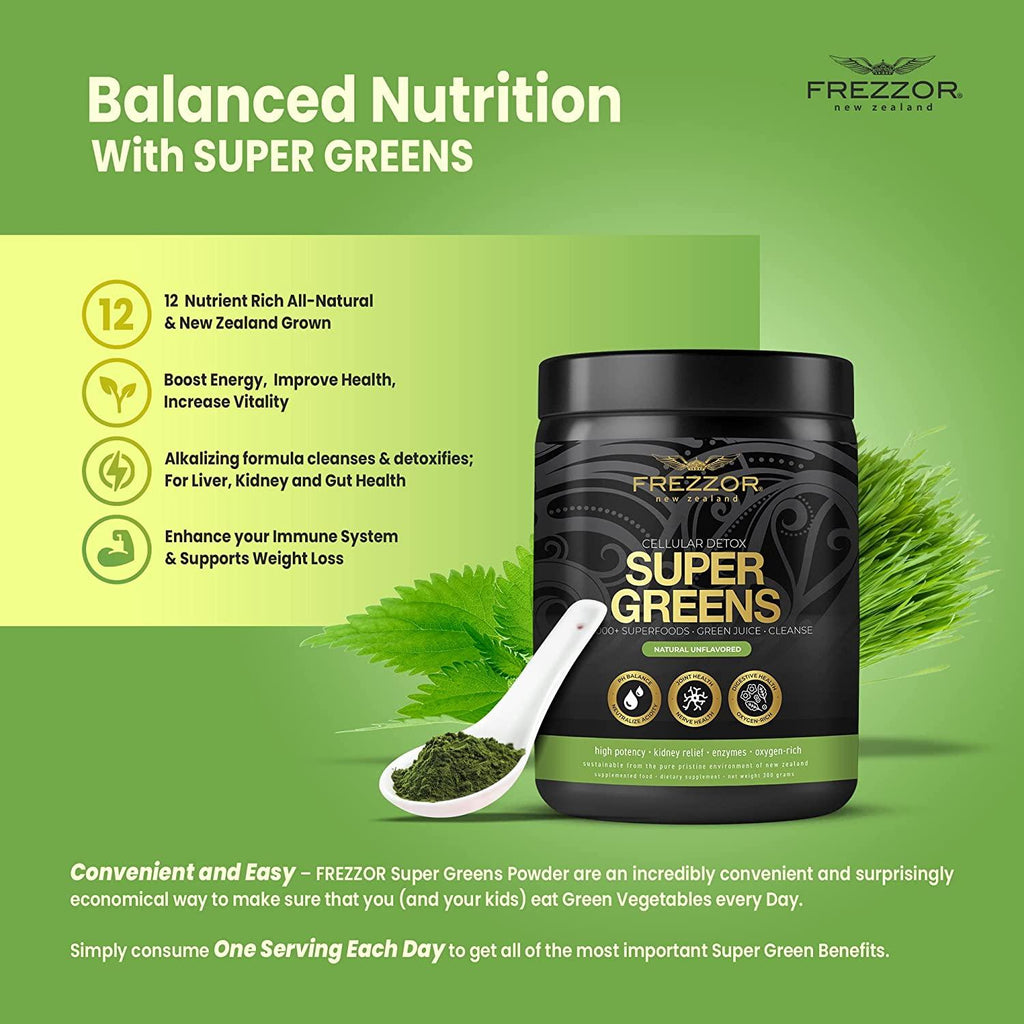 FREZZOR Super Greens Powder with UAF1000+, All-Natural New Zealand Green Fruit & Veggie Supplement, Energy, Vital Raw Veggies, ORAC Antioxidants, Enzymes, Detox & Cleanse, 1.5kg, 150 Serves, 5 Jars