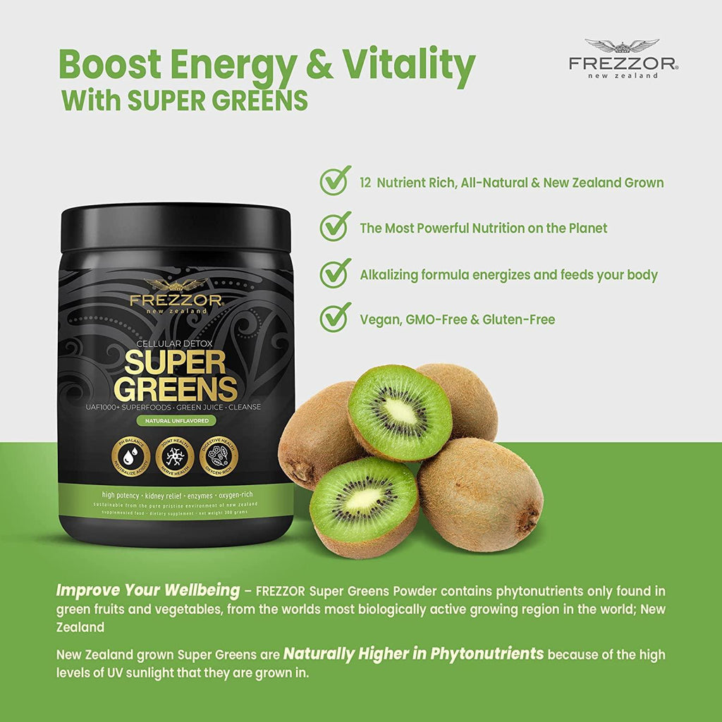 FREZZOR Super Greens Powder with UAF1000+, All-Natural New Zealand Green Fruit & Veggie Supplement, Energy, Vital Raw Veggies, ORAC Antioxidants, Enzymes, Detox & Cleanse, 1.2kg, 120 Serves, 4 Jars