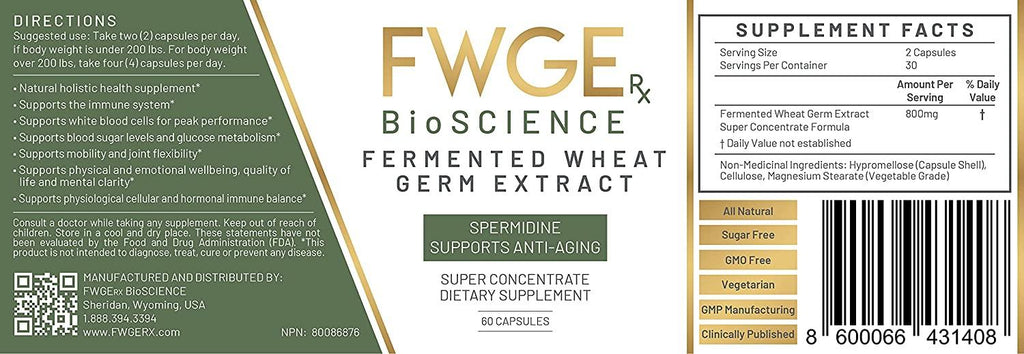 Spermidine Anti-Aging and Cell Renewal Premium Fermented Wheat Germ Extract, Autophagy Inducer, Holistic, Non-GMO, Gluten-Free, Sugar-Free, Vegan, Antioxidant, Natural, 4 Bottles 240 Capsules