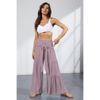 lace up elastic waist pleated pants