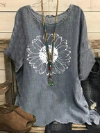 Crew Neck Botanical Print Casual Short Sleeve Blouse