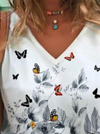 Fashion floral print V-neck T-shirt