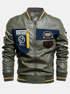 mens pu leather casual fleece lined thick varsity jacket with badges