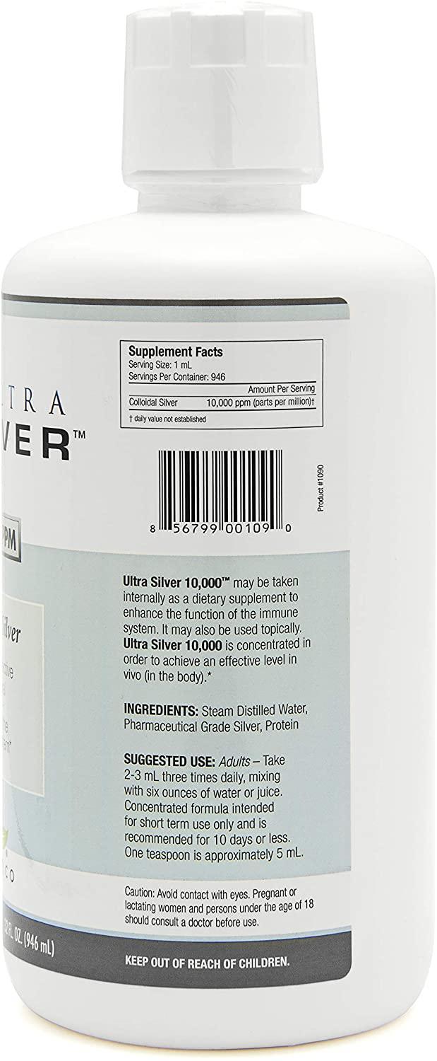 Ultra Silver® Colloidal Silver | 10,000 PPM, 32 Oz (946mL) | Mineral Supplement | True Colloidal Silver - 4 oz Dropper Bottle (Empty) Included for Dispensing!