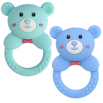 Baby Bear Teething Ring Rattle, Soft Silicone Teether Toy, Blue (Turquoise)
