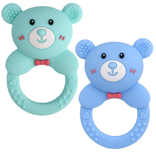 Baby Bear Teething Ring Rattle, Soft Silicone Teether Toy, Blue (Turquoise)