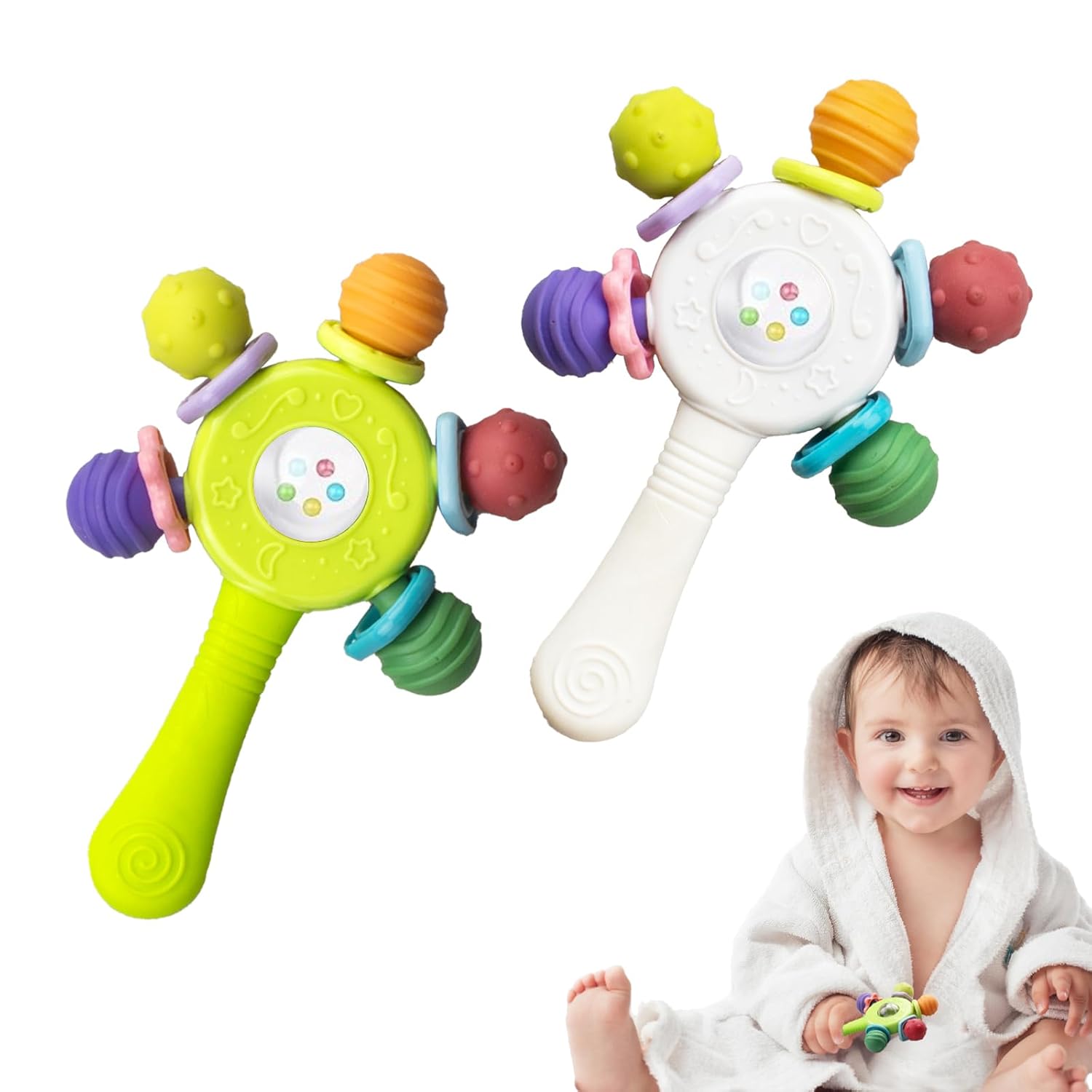 2PCS Baby Sensory Teething Toys-Rattle Stick,Food Grade BPA Free Chew Toy,Grip Strengthening Handle for Hearing Teeth Development,Infant Learning Toys for Aged 0-36 Months (Pink+Blue)
