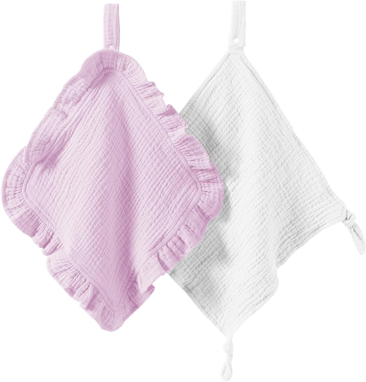 Loveys for Babies, 2 Pack Organic Cotton Muslin with Attachable Snap Closure -Newborn Baby Lovey Security Blankets for Babies Baby Blanket (Purple)