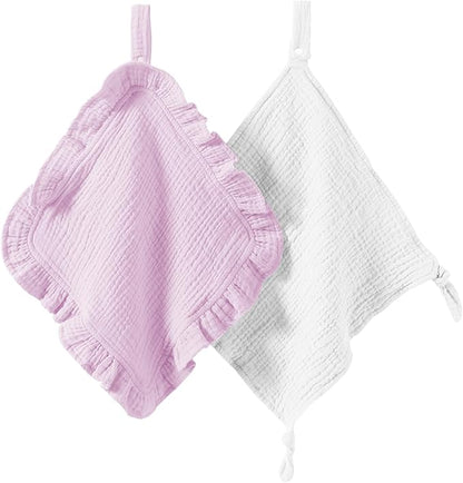 Loveys for Babies, 2 Pack Organic Cotton Muslin with Attachable Snap Closure -Newborn Baby Lovey Security Blankets for Babies Baby Blanket (Purple)