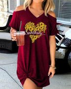 casual flower heart print cold shoulder mini dress