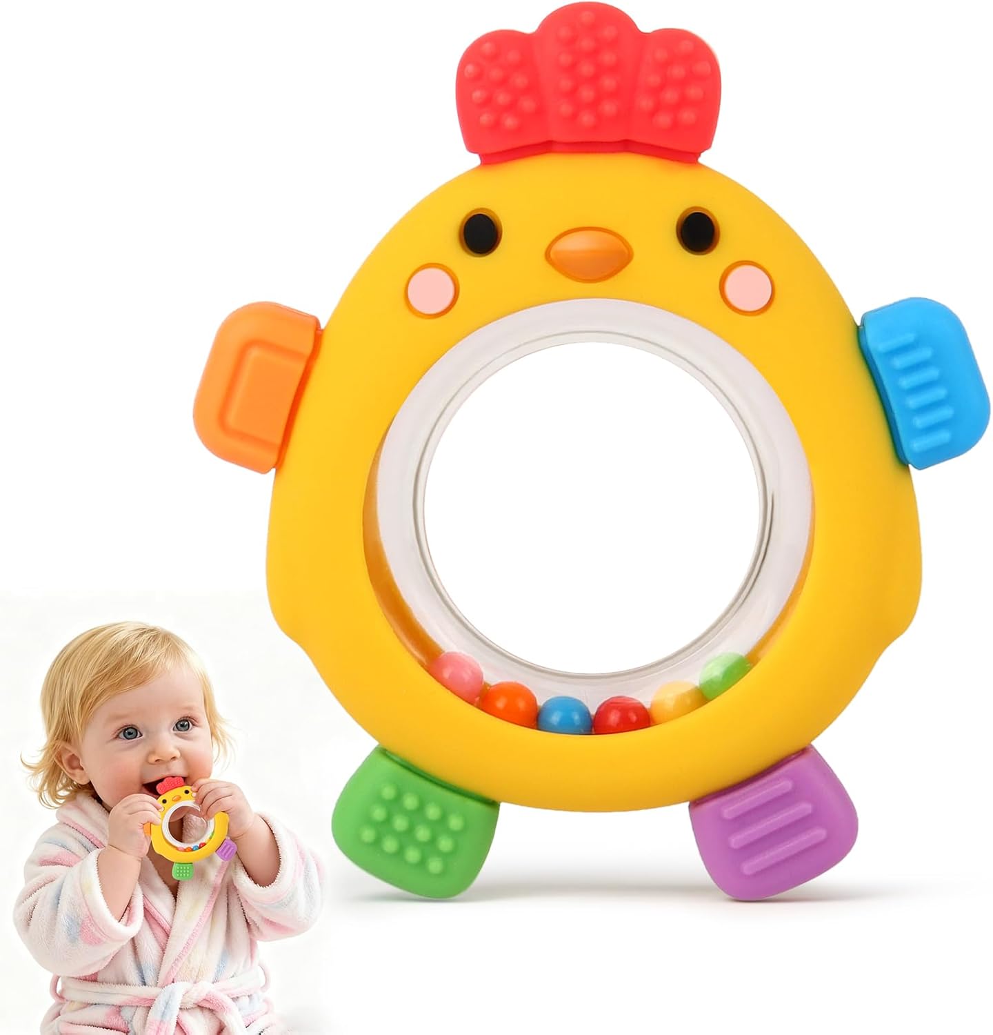 Baby Teether Rattle Toy, Textured Silicone Chew Toy for Gum Relief, Sensory Toy with Easy-Grip Ring for Infants 0-12 Months, Cute Chick Design