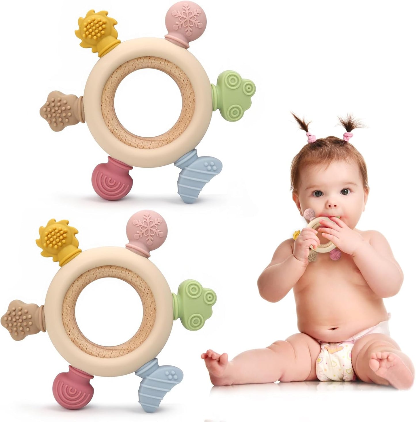 2 Pack Baby Teething Toys for 0-6 & 6-12 Month Infants, Silicone Baby Chew Toys with Wooden Ring Toy (for Newborn Boys & Girls), Ideal for Relieving Teething Discomfort & Soothing Fussy Moods