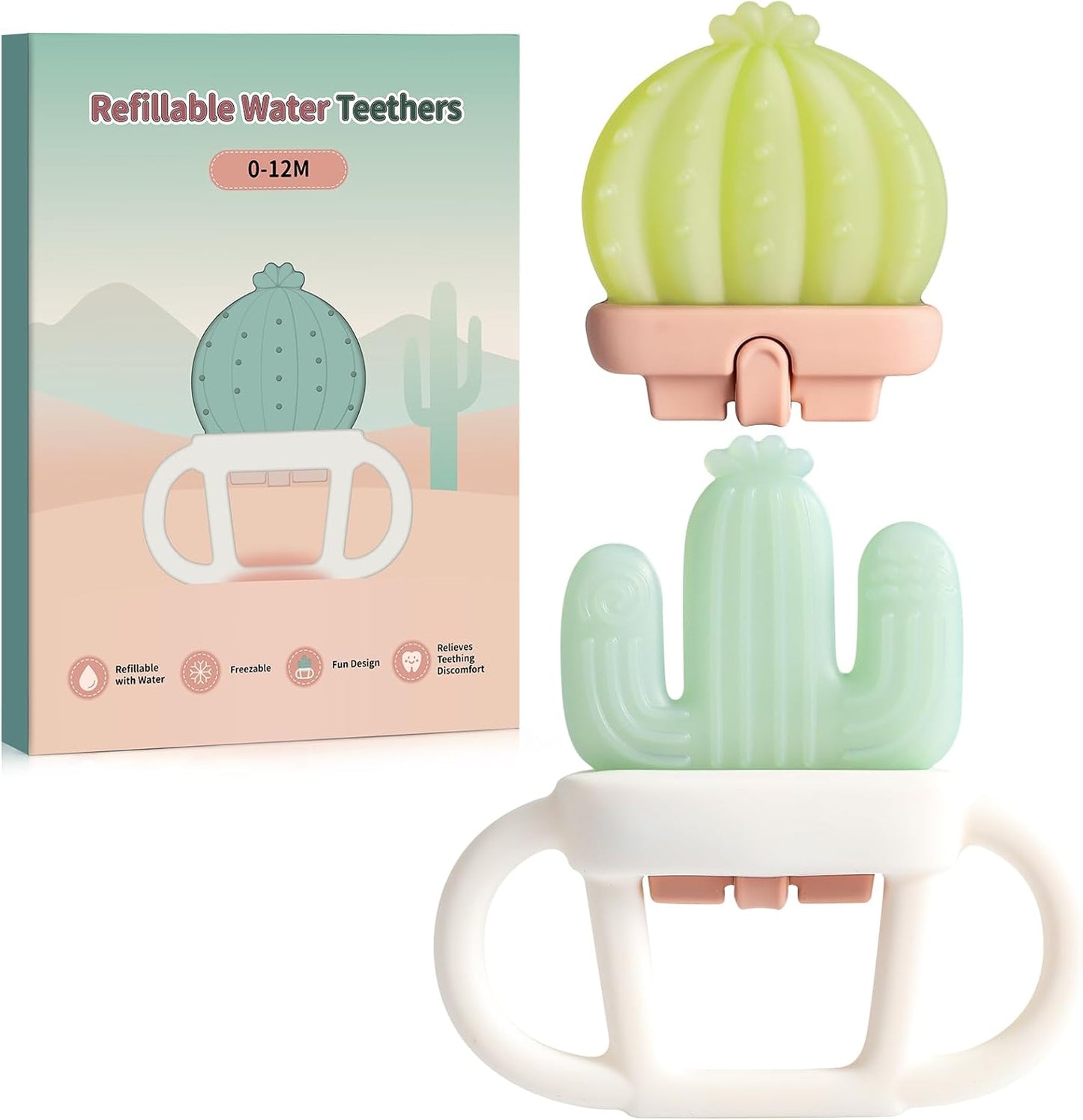 2 Pcs Baby Teether Toy - Water Fillable Teething Relief for Infants 0-12 Months, Silicone Baby Teething Toys Chill Teether, Cools & Massages Sore Gums (Green Cactus)
