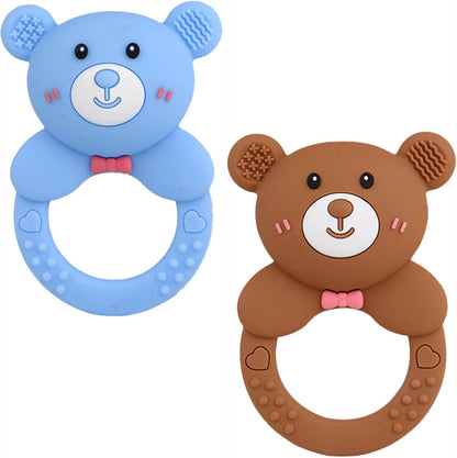Baby Bear Teething Ring Rattle, Soft Silicone Teether Toy, Blue (Turquoise)
