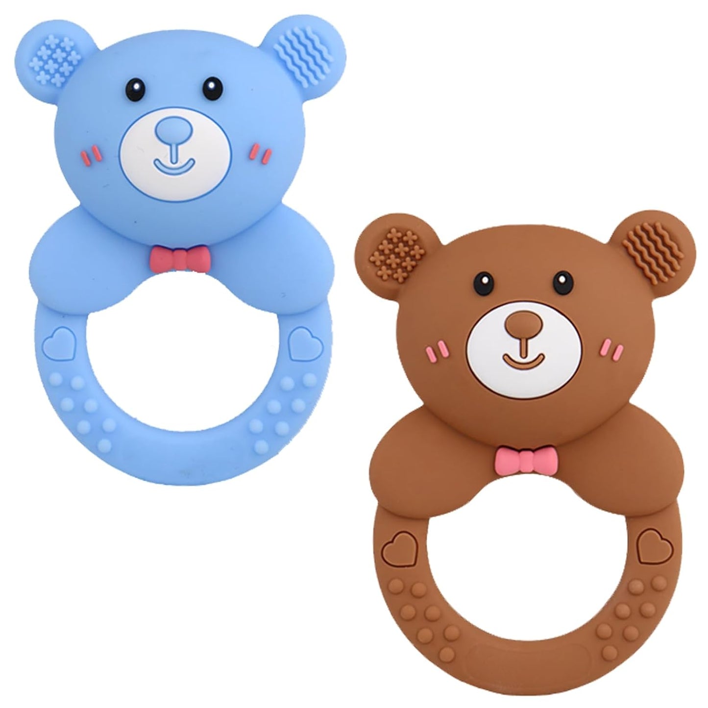 Baby Bear Teething Ring Rattle, Soft Silicone Teether Toy, Blue (Turquoise)