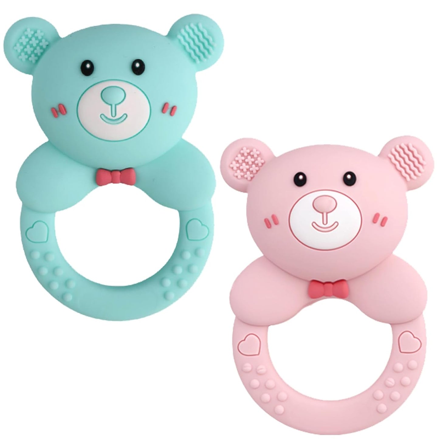 Baby Bear Teething Ring Rattle, Soft Silicone Teether Toy, Blue (Turquoise)