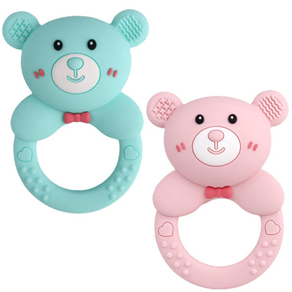 Baby Bear Teething Ring Rattle, Soft Silicone Teether Toy, Blue (Turquoise)