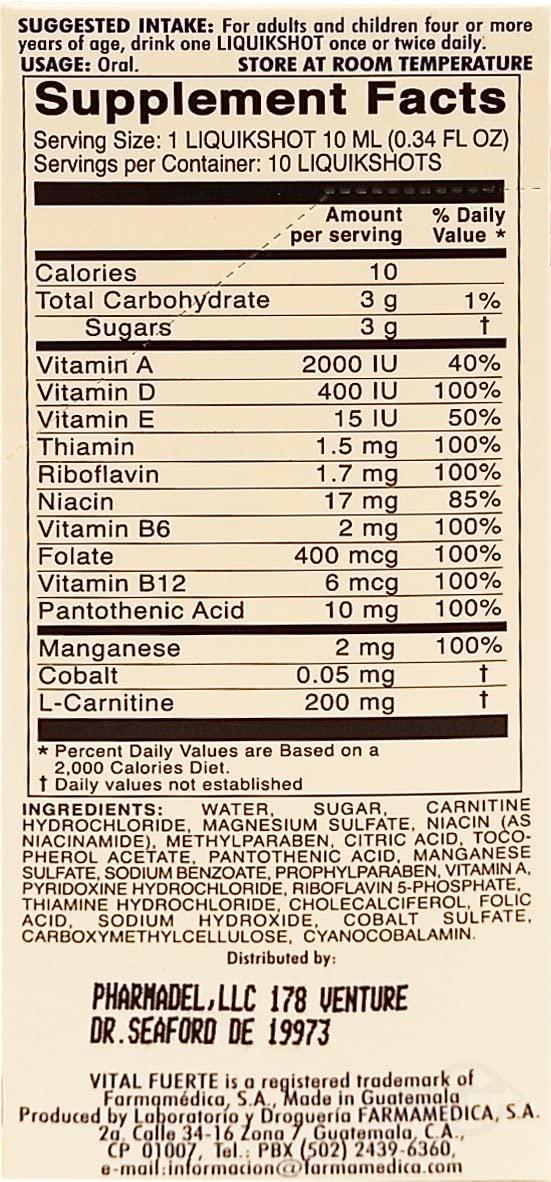 Vital Fuerte Liquid Shot Multivitamin & Mineral Supplement 10 Units of 15 ml. - Suplemento Multivita (Pack of 24)