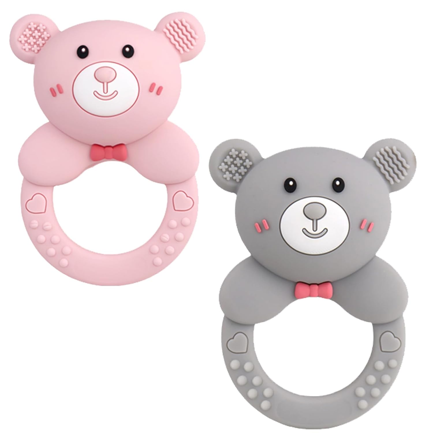 Baby Bear Teething Ring Rattle, Soft Silicone Teether Toy, Blue (Turquoise)
