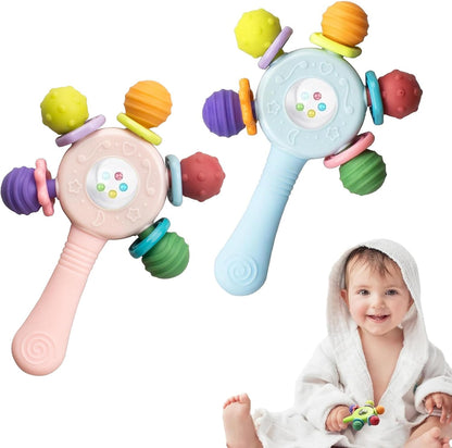 2PCS Baby Sensory Teething Toys-Rattle Stick,Food Grade BPA Free Chew Toy,Grip Strengthening Handle for Hearing Teeth Development,Infant Learning Toys for Aged 0-36 Months (Pink+Blue)