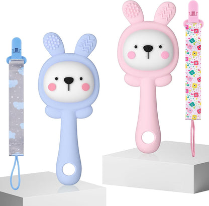 2 Pcs Teething Toys for Baby, Silicone Bunny Teether Toy for Teething Relief, Baby Chew Toys Sore Gums, Teethers 0-6 Months Gift