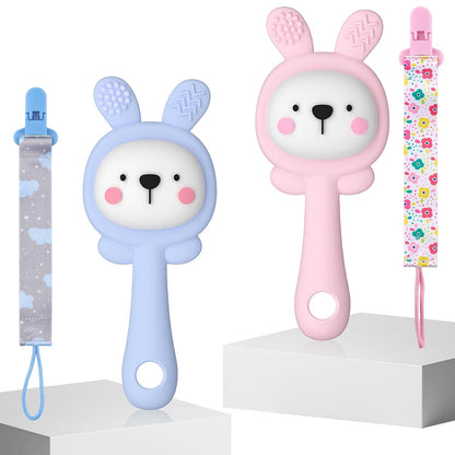 2 Pcs Teething Toys for Baby, Silicone Bunny Teether Toy for Teething Relief, Baby Chew Toys Sore Gums, Teethers 0-6 Months Gift