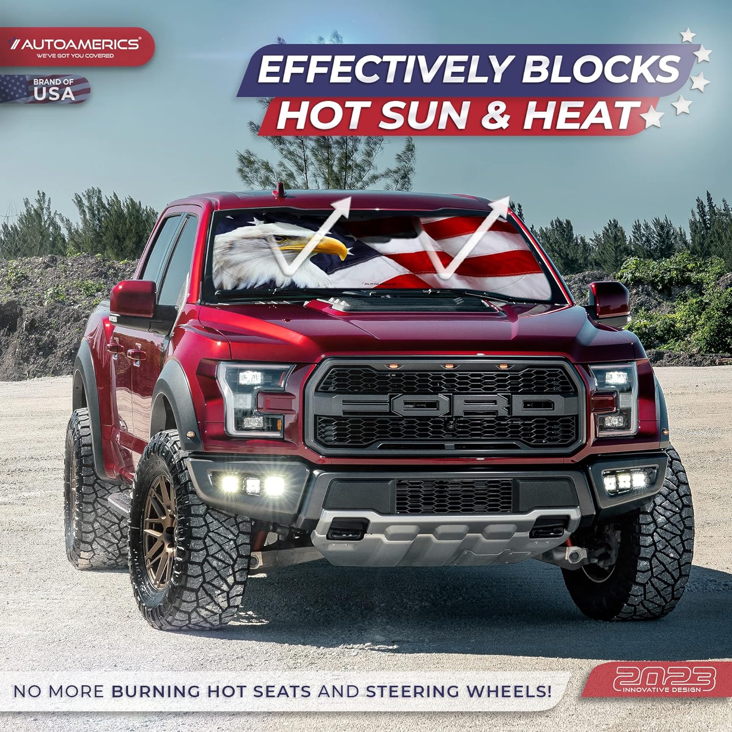 Autoamerics 1-Piece Windshield Sun Shade American Eagle Flag - 3 USA Patriotic  - Foldable Car Front Window Sunshade for Sedans SUV Truck - Blocks Max UV Rays and Keeps Your Vehicle Cool - Large