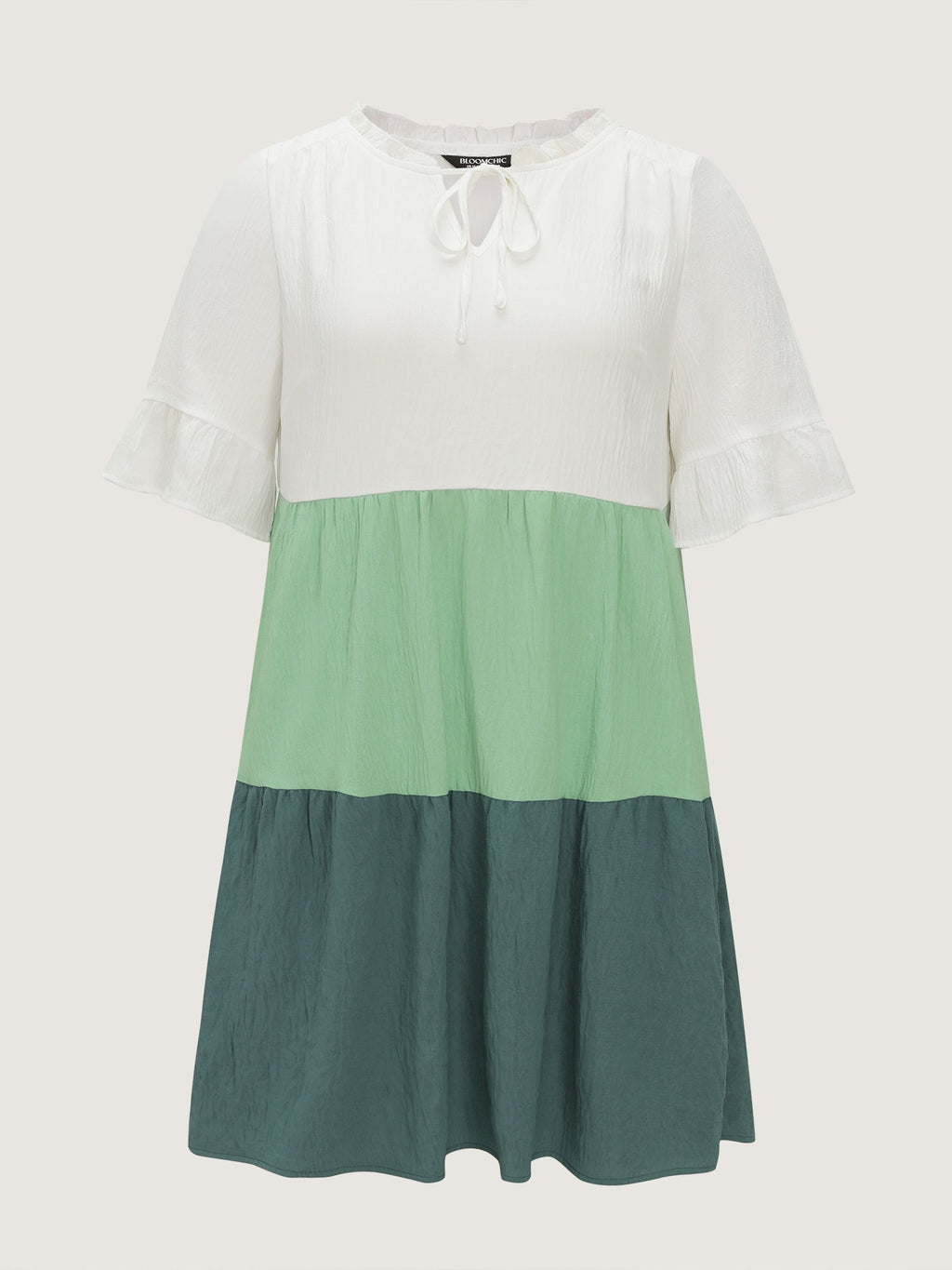 Colorblock Drawstring Neckline Tiered Mini Dress