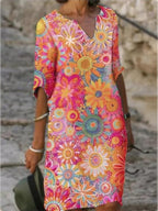 2021  color matching printed patchwork v-neck loose bamboo retro literary round neck five-point sleeve plus size dress