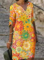 2021  color matching printed patchwork v-neck loose bamboo retro literary round neck five-point sleeve plus size dress