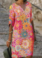 2021  color matching printed patchwork v-neck loose bamboo retro literary round neck five-point sleeve plus size dress