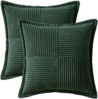 MIULEE Dark Green Corduroy Pillow Covers with Splicing Set of 2 Super Soft Boho Striped Pillow Covers Broadside Decorative Textured Throw Pillows for Christmas Couch Cushion Livingroom 18x18 inch