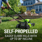 Greenworks 48V 21" Brushless Cordless Self-Propelled Electric Lawn Mower, Leaf Blower, String Trimmer, (2) 5.0Ah Batteries and Rapid Charger