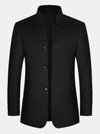 mens pure color stand collar single breasted warm woolen overcoats