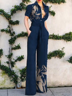 Fashion Color BlockLeaf Print Button-up Jumpsuit Women
