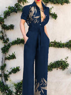 Fashion Color BlockLeaf Print Button-up Jumpsuit Women
