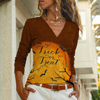 Casual Trick And Treat Letter Color Block V-neck Top Women