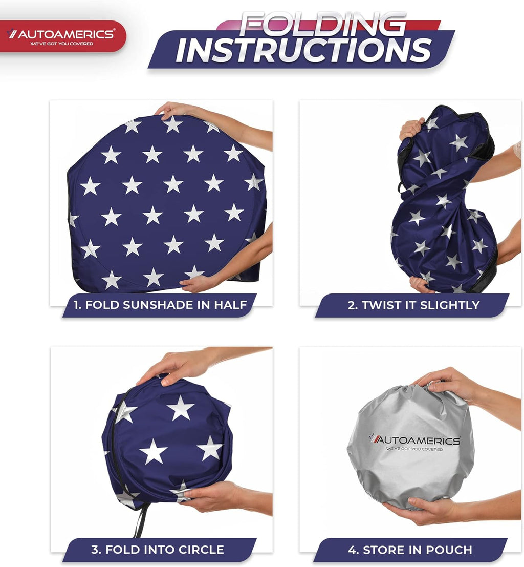 Autoamerics 1-Piece Windshield Sun Shade American Stars Flag USA Patriotic  - Foldable Car Front Window Sunshade for Sedans SUV Truck - Blocks Max UV Rays and Keeps Your Vehicle Cool - Large