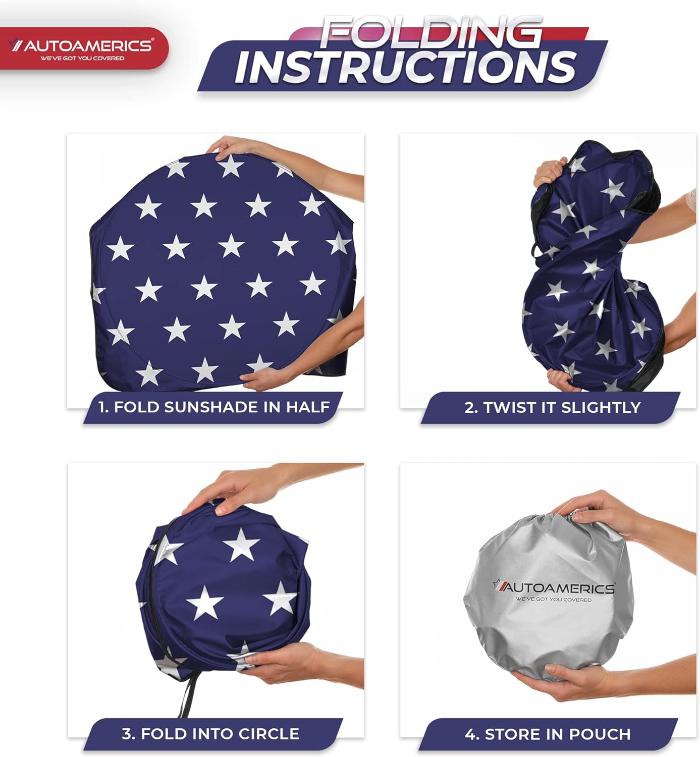 Autoamerics 1-Piece Windshield Sun Shade American Stars Flag USA Patriotic  - Foldable Car Front Window Sunshade for Sedans SUV Truck - Blocks Max UV Rays and Keeps Your Vehicle Cool - Large