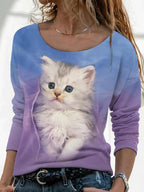 Fashion Casual Cat Print Long-sleeved T-shirt