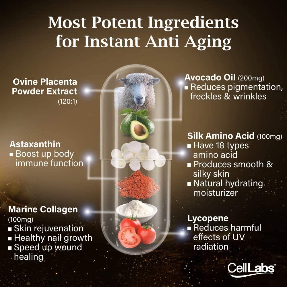 CellLabs CLASSaaNTA Sheep Placenta Live Stem Cell | Immunity Booster | Brain Memory Vitamins | Skin Beauty Anti Aging Formula | 2 Months Supply