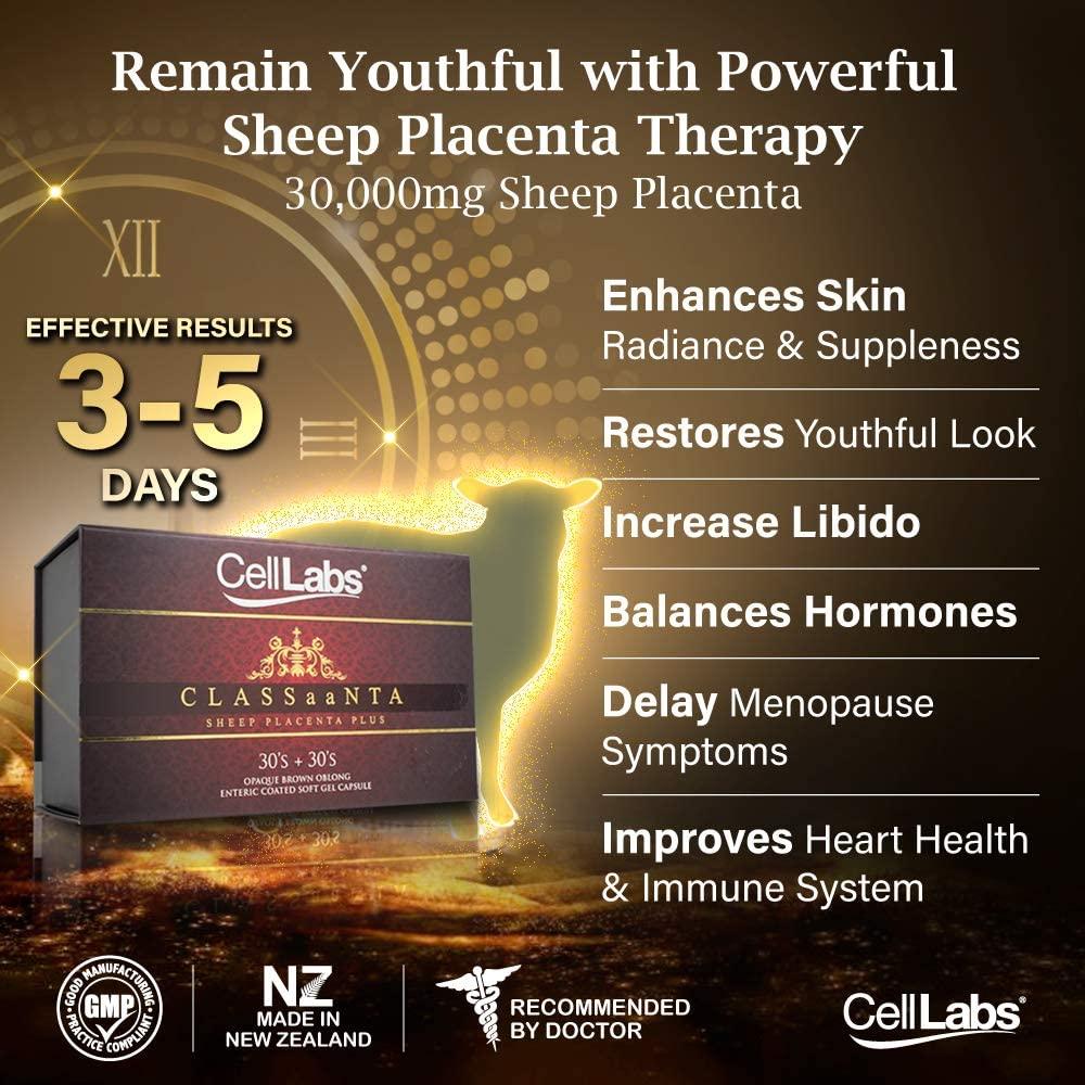 CellLabs CLASSaaNTA Sheep Placenta Live Stem Cell | Immunity Booster | Brain Memory Vitamins | Skin Beauty Anti Aging Formula | 2 Months Supply